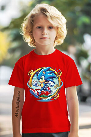 SONIC BASKILI BİSİKLET YAKA KISA KOLLU ÇOCUK TİŞÖRT