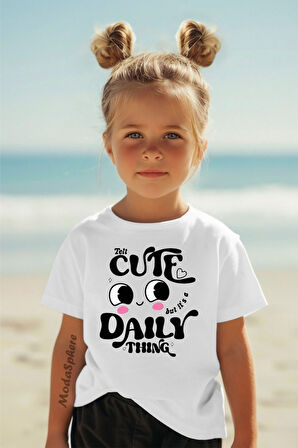 CUTE BASKILI BİSİKLET YAKA KISA KOLLU ÇOCUK TİŞÖRT