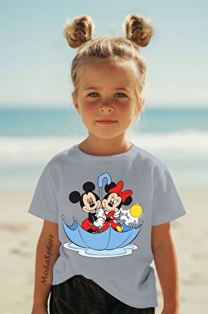 Şemsiyeli Mickey and Minnie Mouse Baskılı Kısa Kollu Çocuk tişört