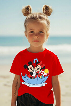 Şemsiyeli Mickey and Minnie Mouse Baskılı Kısa Kollu Çocuk tişört