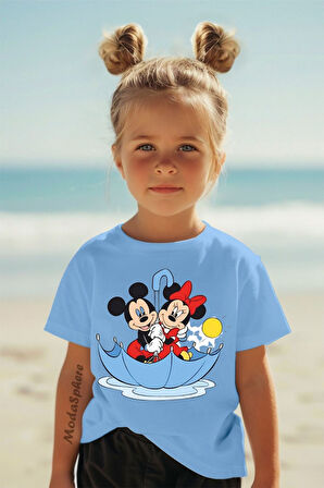 Şemsiyeli Mickey and Minnie Mouse Baskılı Kısa Kollu Çocuk tişört