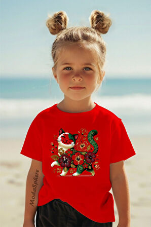 ÇİÇEKLİ KEDİ BASKILI BİSİKLET YAKA KISA KOLLU ÇOCUK TİŞÖRT