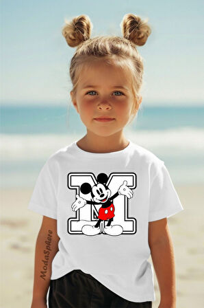M MICKEY BASKILI BİSİKLET YAKA KISA KOLLU ÇOCUK TİŞÖRT