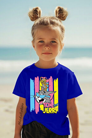RENKLİ BASKILI TOM & JERRY BİSİKLET YAKA KISA KOLLU ÇOCUK TİŞÖRT