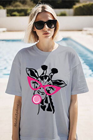 Zürafa Baskılı Unisex Oversize Tişört