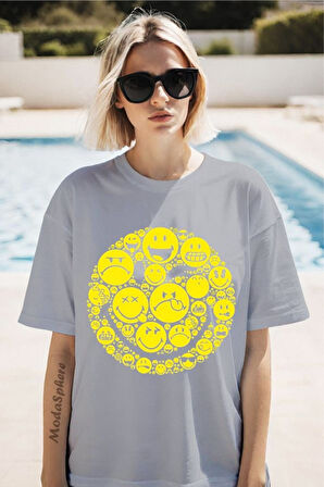 Emoji Baskılı Unisex Oversize Tişört