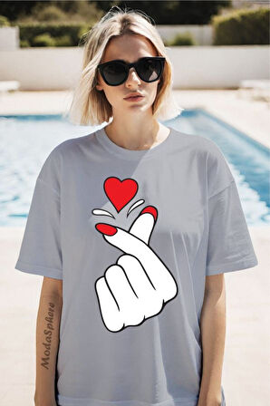 Parmak Kalp Baskılı Unisex Oversize Tişört
