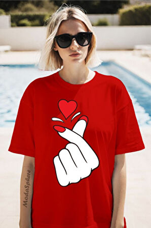 Parmak Kalp Baskılı Unisex Oversize Tişört