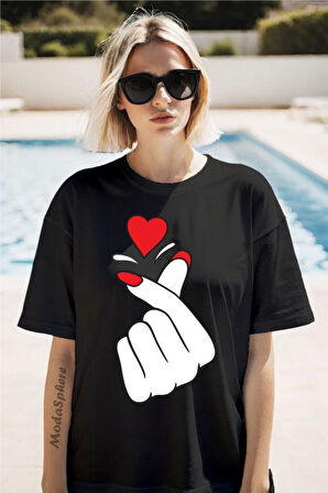 Parmak Kalp Baskılı Unisex Oversize Tişört