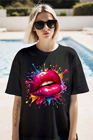 Renkli Dudak Baskılı Unisex Oversize Tişört