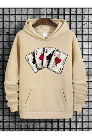 İskambil Kart Desenli Kapüşonlu Sweatshirt
