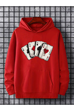 İskambil Kart Desenli Kapüşonlu Sweatshirt