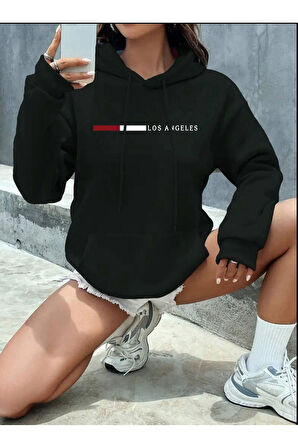 Los Angeles Desenli Kapüşonlu Cepli Sweatshirt