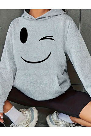 Gülen Emojili Baskılı Kapüşonlu Sweatshirt