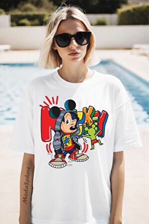 Mickey Baskılı Unisex Oversize Tişört