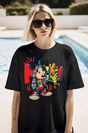 Mickey Baskılı Unisex Oversize Tişört