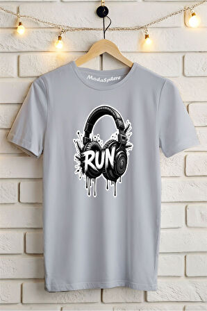 Run Kulaklık Baskılı Unisex Oversize Tişört