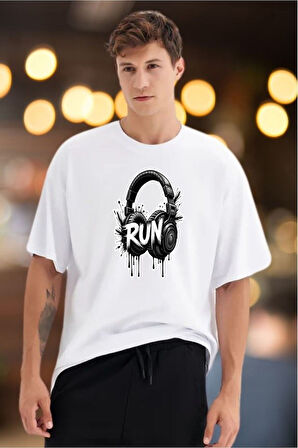 Run Kulaklık Baskılı Unisex Oversize Tişört