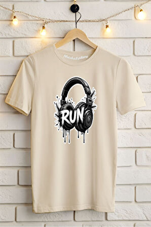Run Kulaklık Baskılı Unisex Oversize Tişört