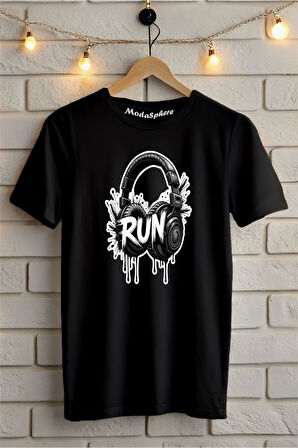 Run Kulaklık Baskılı Unisex Oversize Tişört