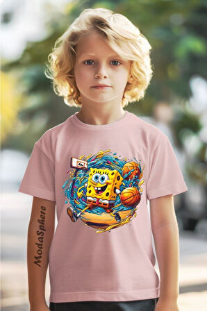 Spongebob & Basketball Baskılı Bisiklet Yaka Kısa Kollu Çocuk Tişört