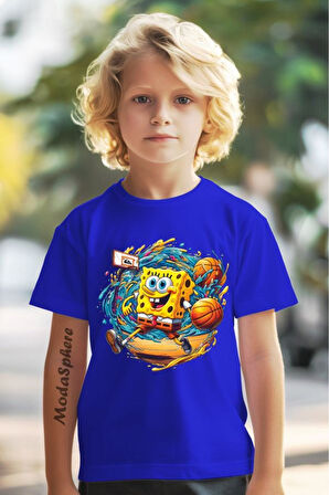 Spongebob & Basketball Baskılı Bisiklet Yaka Kısa Kollu Çocuk Tişört