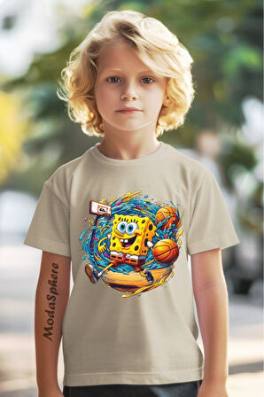 Spongebob & Basketball Baskılı Bisiklet Yaka Kısa Kollu Çocuk Tişört