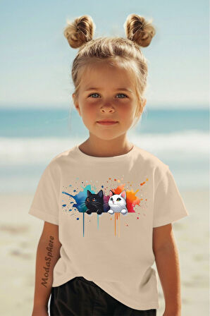 KEDİ BASKILI BİSİKLET YAKA KISA KOLLU ÇOCUK TİŞÖRT