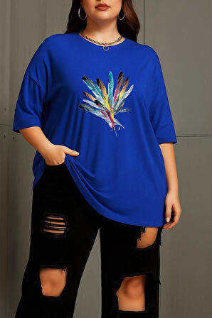 Büyük Beden Renkli Kuş Tüyü Baskılı Oversize Tişört