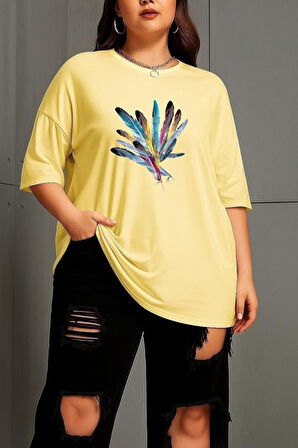 Büyük Beden Renkli Kuş Tüyü Baskılı Oversize Tişört