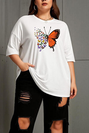 Büyük Beden Kelebek Baskılı Unisex Oversize Tişört