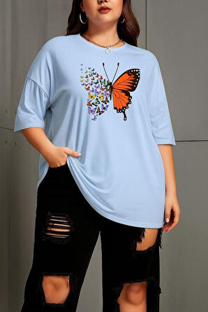 Büyük Beden Kelebek Baskılı Unisex Oversize Tişört