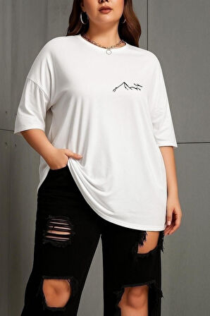 Büyük Beden Dağ Baskılı Unisex Oversize Tişört