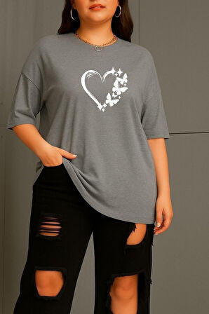Büyük Beden Kalpli Kelebek Baskılı Unisex Oversize Tişört