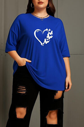 Büyük Beden Kalpli Kelebek Baskılı Unisex Oversize Tişört