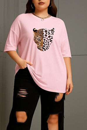 Büyük Beden Leopar Aslan Baskılı Unisex Oversize Tişört