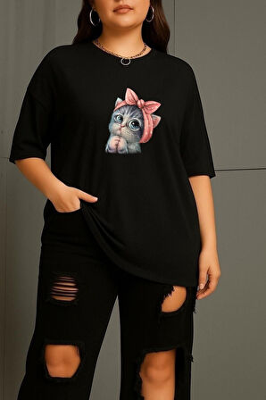 Büyük Beden Minnoş Kedi Baskılı Unisex Oversize Tişört