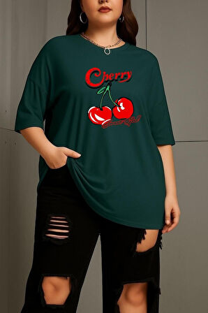 Büyük Beden Cherry Kiraz Baskılı Unisex Oversize Tişört