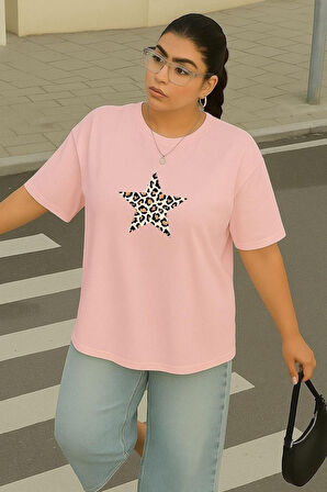 Büyük Beden Leoparlı Yıldız Baskılı Unisex Oversize Tişört