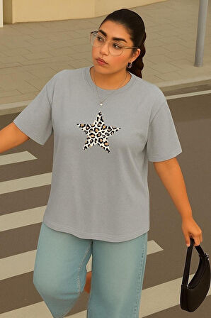 Büyük Beden Leoparlı Yıldız Baskılı Unisex Oversize Tişört