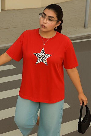 Büyük Beden Leoparlı Yıldız Baskılı Unisex Oversize Tişört