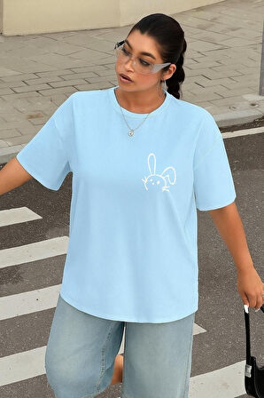 Büyük Beden Tavşan Baskılı Unisex Oversize Tişört