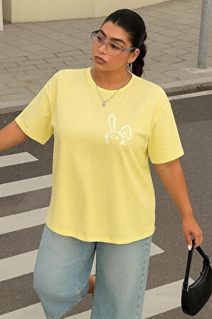 Büyük Beden Tavşan Baskılı Unisex Oversize Tişört