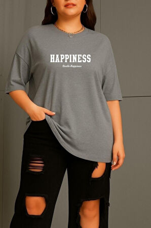 Büyük Beden Happiness Baskılı Unisex Oversize Tişört