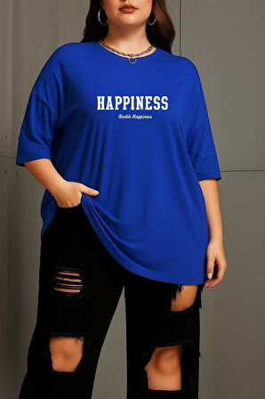 Büyük Beden Happiness Baskılı Unisex Oversize Tişört