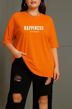 Büyük Beden Happiness Baskılı Unisex Oversize Tişört