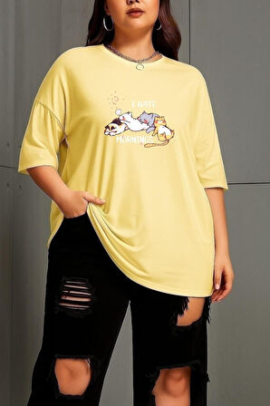 Büyük Beden Uyuyan Kediler Baskılı Unisex Oversize Tişört