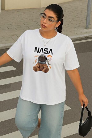 Büyük Beden Nasa Ayıcık Baskılı Unisex Oversize Tişört