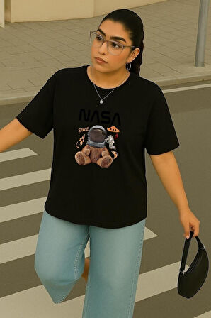 Büyük Beden Nasa Ayıcık Baskılı Unisex Oversize Tişört