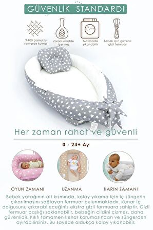 Babynest Ortopedik Bebek Yatağı, Anne Yanı Bebek Yatağı, Ergonomik Tasarım, Stars Serisi, Gri